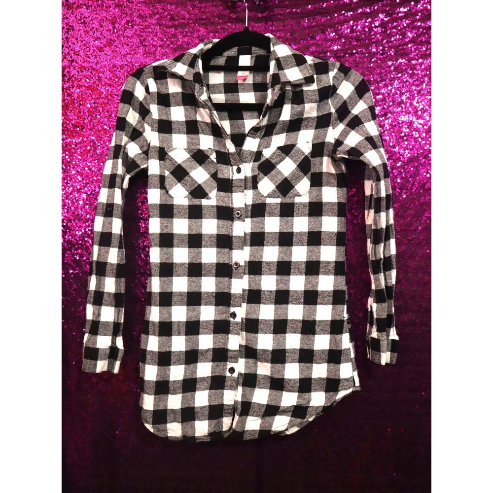 Black Plaid Button Down XS No Boundaries Women Flannel Roll Tab NJ47T228P